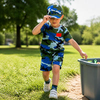 Kids Camouflage Summer Outfit Set for Boys and Girls - Short Sleeve Top, Shorts/Skirt, and Hat