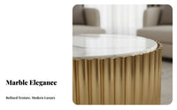 Light Luxury Design Round Fluted Coffee Table Marble Pattern Top Fluted Drum Coffee Table Modern Aesthetic Living Room Furniture Solid and Stable for Interior Designers, Apartment Dwellers, Families with Children, Reception Area, Small Areas, Office