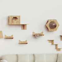 Cat Climbing Wall Shelves Set with Enclosed House, 7-Piece Rubber Wood Frame and Wall Stairs for Large Indoor Kittens