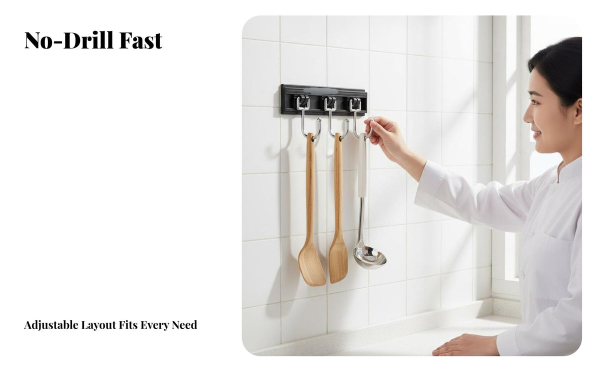 Punch-Non-Drill Installation Wall Mounted Hook Rack Space-Saving Kitchen Utensil Hanging Rail Heavy Duty for Renters, Bathroom, Entryway