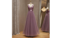 Embroidered Tulle Gown Flowy V-Shaped Neckline long Dress Waist Sleeveless Evening Gown for Wedding