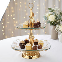 Double-Layer Fruit Stand with Glass Trays Gold-Tone 2-Tier Serving Stand European-Style Ornate for Hosts, Brides, Party, Wedding, Living Room