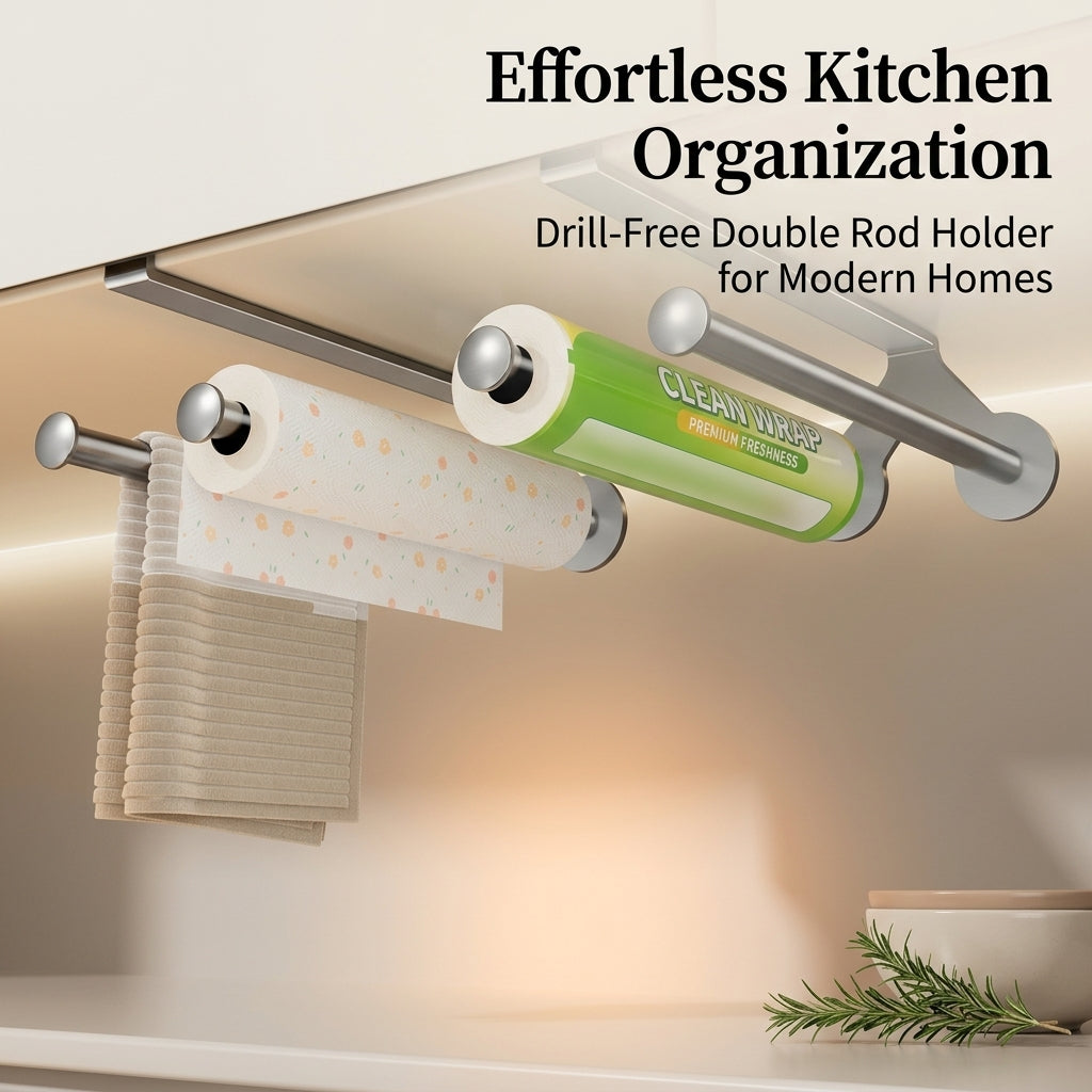 Cabinet Hanging Holder for Under Storage, Kitchen Organizers and Paper Roll with Double Rod