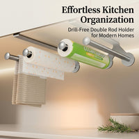 Cabinet Hanging Holder for Under Storage, Kitchen Organizers and Paper Roll with Double Rod