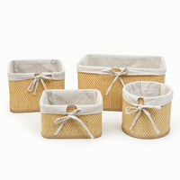 4 Pieces Natural Woven Basket with Lining Artisanal Bamboo Storage Basket Compact Desktop Organizer Rustic for Bathroom