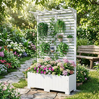 Planter Box Outdoor with Trellis, Raised Wooden Planter Box 100cm, Rectangular Garden Planter for Climbing Plants, Rustic Freestanding