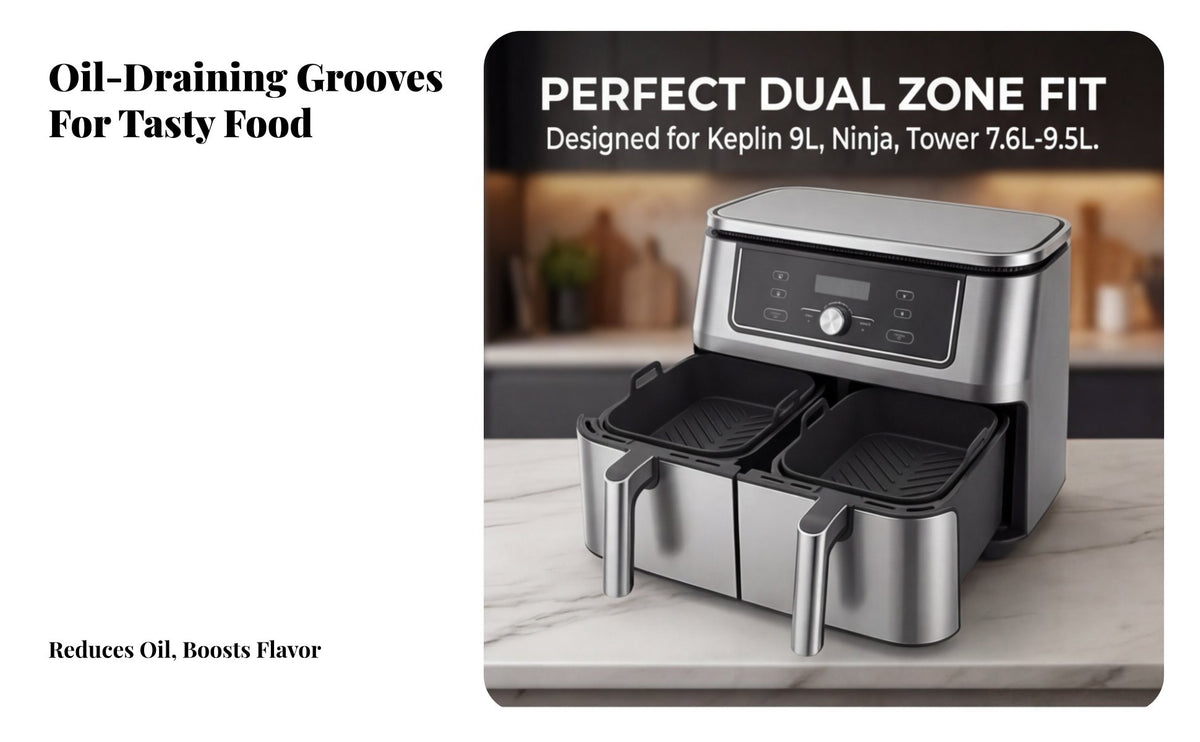 2-Pack Reusable Silicone Air Fryer Liners for Dual Zone -Rectangular Baskets Compatible with Keplin 9L, Ninja AF300UK/AF400UK, Tower - Non-Stick Accessories, Oil-Proof Inserts for Double Drawer Fryers