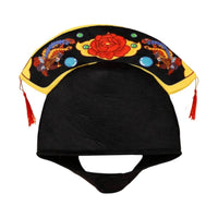Embroidered Floral Bird Hat Velvety Ceremonial Hat Tasseled Black Headpiece
