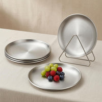 4 Pieces Polished Silver Round Snack Plate Triangular Stand Stainless Steel Plate Shatterproof Metal Storage Rack Reusable