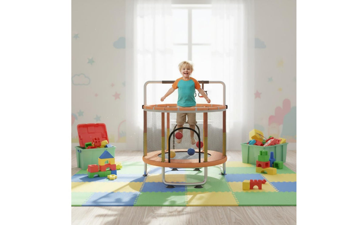 Quiet Bouncing Kids Trampoline with Safety Net Anti-Tip Stable Base Mini Trampoline with Enclosure Long-Lasting Steel Frame Small Jumping Bed with Guardrail for Toddlers, Playroom