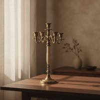 Five-Arm Candelabra Brass-Colored Tabletop Candelabra Sculptural Candlestick Holder with Round Base for Entryway