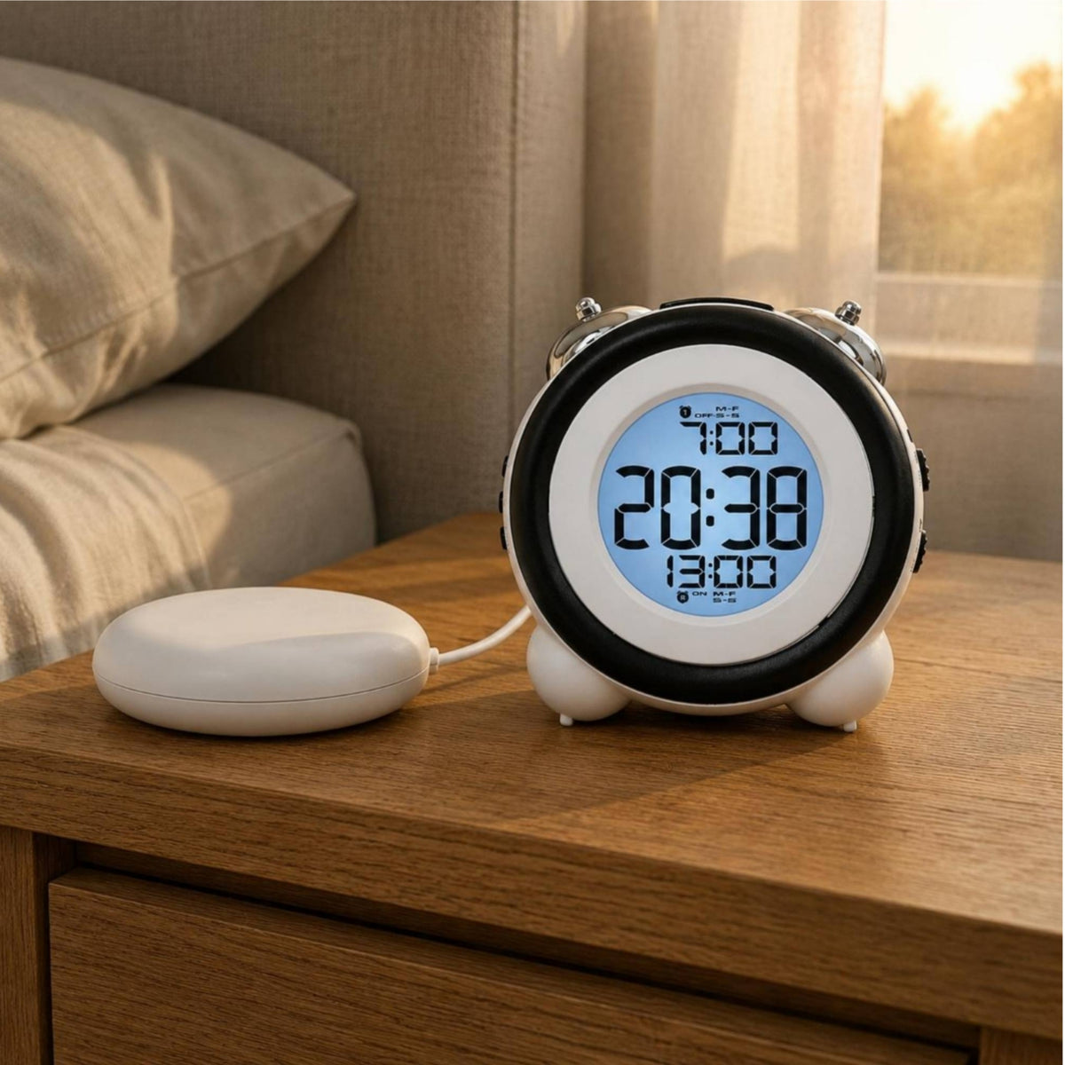 Large Digits Vibrating Alarm Timekeeper Vibration Pad Twin-Bell Bell Alarm Timekeeper White Timepiece