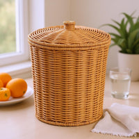 Fitted Lid Lidded Storage Basket Cylindrical Round Rattan Basket Natural Tan Home Organizer Loop Knob