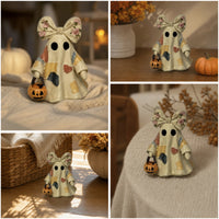Halloween Ghost Decoration with Pail Vintage Patchwork Ghost Figure Handmade-Look Decorations Farmhouse for Shelf