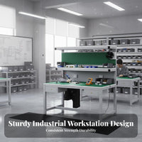Heavy-Duty Construction Anti-Static Work Table Adjustable Feet Workbench with Shelves and Light Built-in Power Outlets Assembly Line Station for Laboratory Personnel, Factory, Laboratoryoratory Oratory