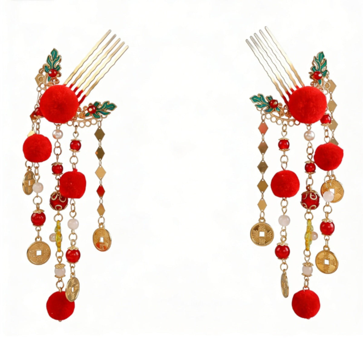 Traditional Chinese Attire Hair Crown Set Festive Design Red Decorative Puff Tassel Hairpins New Year Hair Accessory Set Ancient