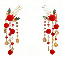 Traditional Chinese Attire Hair Crown Set Festive Design Red Decorative Puff Tassel Hairpins New Year Hair Accessory Set Ancient