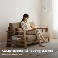 Nordic Design L-Shaped Wooden Frame Sofa Walnut Color Finish configurable Sofa with Storage Ottoman Fabric Upholstery Living Room Furniture Minimalist design aesthetic for Apartment Dwellers, Homeowners, Families, Home, Lounge Area