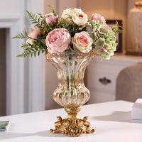 Glass Vase with Base Antique Gold Decorative Glass Vase Sturdy Flower Holder for Entryway