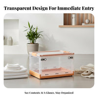 Multi-Purpose Foldable Storage Box Large Capacity Clear Plastic Organizer Crate Sturdy Stackable Storage Bin with Doors Tool-without Cost Assembly for Families, Homeowners, Kids Room, Closet, Bedroom, Bathroom