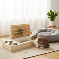 Wooden Rabbit Hay Feeder Compact Small Pet Hay Rack Light-Colored Tray
