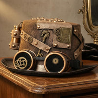Vintage Industrial Steampunk Top Hat Bronze-Toned Top Hat with Goggles Metal Rivets