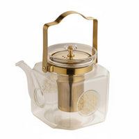 Glass Teapot with Infuser Stovetop Safe Heat Resistant Golden Accents for Home