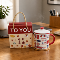 Chinese Style Ceramic Mug with Lid, Large Capacity Enamel-Look Coffee Cup for Office and Home