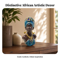 Blue Patterned African Woman Bust Sculpture Dark Brown Resin Decorative Bust Textured African Female Sculpture Gold-Tone