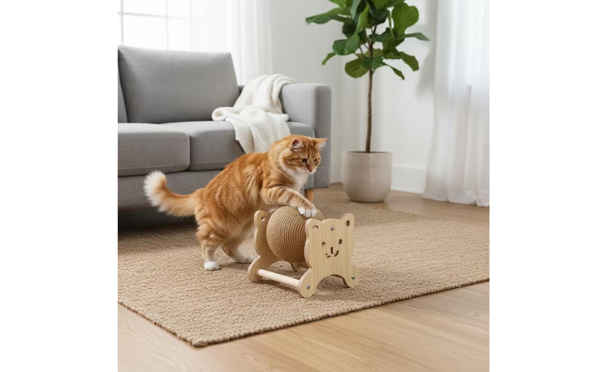 Sisal Cat Scratching Ball Natural Cat Scratcher with Wooden Frame Stable Compact for Living Room