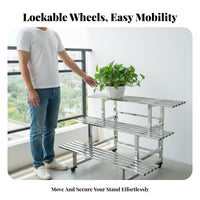 With Wheels Stainless Steel Flower Rack Indoor Outdoor Use Multi-Tier Plant Stand Rustproof Rolling Plant Shelf Heavy Duty for Gardeners, Balcony, Patio, Living Room