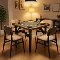 Brown Border Trim Square Folding Table Black Metal Frame Portable Card Table Adjustable Feet Event Furniture Reinforced Corner Joints
