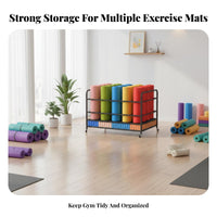 Large Capacity Exercise Mat Storage Rack Multi-Tier Design Rolling Exercise Mat Cart Space Saving Workout Equipment Storage Cart Sturdy Metal Frame for Gyms