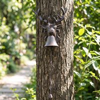 Vintage Deer Head Wall Bell Farmhouse Rustic Entry Chime with Pull Cord Heavy Duty Cast Iron Door Bell Metal for Homeowners