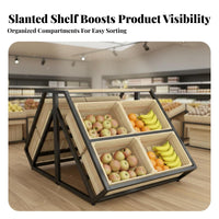 Adjustable Tilt Multi-Tier Fruit and Vegetable Rack Sturdy Metal Frame Multi-Tier Fruit Display Rack Versatile Use Slanted Vegetable Stand Solid Wood Baskets for Grocers, Farmers' Market Vendors, Shop Owners, Cafe