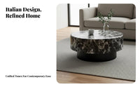 2 Pieces Minimalist Design Round Marble Coffee Table Set Space-Saving Modern Nesting Tables Glossy Finish Marble and Glass Table Set Sturdy Steel Frame for Apartment Dwellers, Homeowners, Interior Design Enthusiasts, Small Areas, Home, Lounge Area, Office