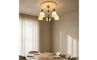 Gold-Toned Chandelier with Petal Shades Pleated Flower Chandelier Wood-Accented Fixture Sculptural for Bedroom