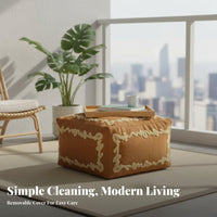 Moroccan Design Upholstered Pouf Removable and Washable Cover Embroidered Pouf Cube Multi-Functional Floor Seating Decorative Accent for Homeowners, Interior Decorators, Living Room, Balcony, Reading Nook, Playroom