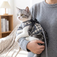 Cat Harness and Leash Set, Textile Vest Small Dog Harness for Outdoor Walking, Adjustable Kitten Harness for Trips, Bow Tie Accent and Plaid