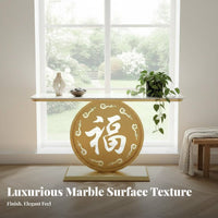 Light Luxury Design Console with Fu Character Base Scratch Resistant Top Accent Table Rounded Corners Household Furnishing Easy to Clean for Homeowners, Interior Design Enthusiasts, Hotel Managers, Entryway, Hallway, Living Room
