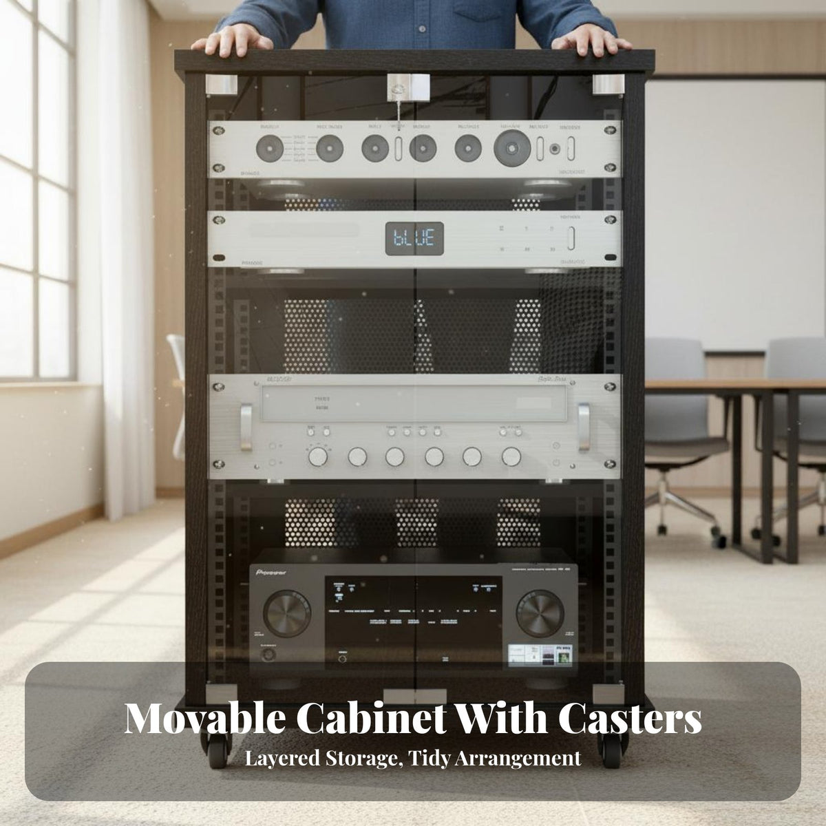 Mobile Amplifier Cabinet Large Capacity Rolling Audio Rack Cabinet Heat Dissipation Design Rolling Media Storage Unit for Home Theater Enthusiasts