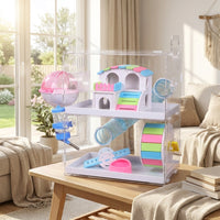 Large Hamster Cage with Tunnels, Large Three-Layer Drawer Cage with Acrylic Tray, Transparent Acrylic Starter Kit for Indoor Pet