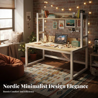 Sturdy Steel Frame Dorm Bed Computer Desk Space Saving Bed Desk with Shelves Multifunctional Overbed Table with Hutch Movable Shelf for College Students, Home Office Workers, Elderly, Small Areas, Living Room