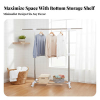 Stainless Steel Adjustable Drying Rack Extendable Single Rod Clothes Rack Foldable Portable Clothes Stand with Shelf Modern Simple Design for Homeowners, Students, Shop Owners, Balcony, Bedroom, Dorm Room, Entryway