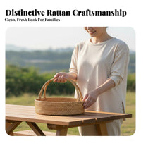 Natural Material Japanese Design Fruit Basket Multi-Purpose Rattan Basket with Handles Portable Rustic Charm for Picnickers, Event Planners, Outdoor, Kitchen, Dining Table, Living Room