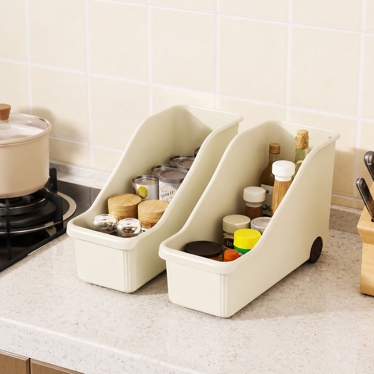 Kitchen Wagon, Gap Storage, Wagon with Casters, 2-Tier PP, Seasoning, Pot Lid Storage, White