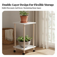 Solid Wood 2-Tier Rolling Plant Stand Freestanding 2-Layer Floor Shelf with Wheels Long-Lasting Construction Rolling Plant Shelf Easy Assembly for Living Room, Balcony, Corner
