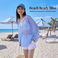 Swimsuits for Women, Striped Long Sleeve with Padded Bra for Water Sports, Conservative Two Piece for Older Ladies