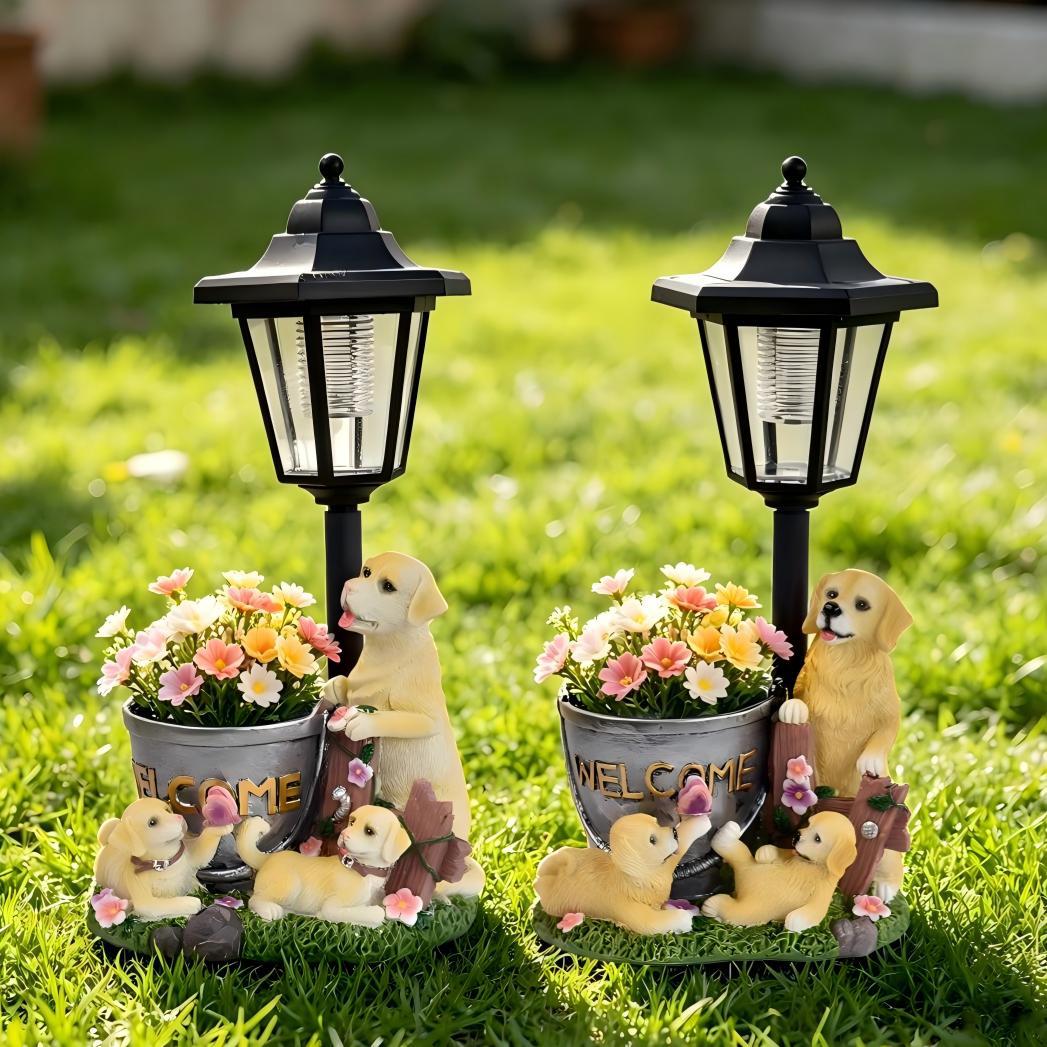 Golden Retriever Resin Flower Pot with Solar Light, Outdoor Garden Decor