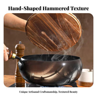 Hand Hammered Iron Pot Deep Design Uncoated Iron Milk Pan Gas and Induction Compatible Small Stir-Fry Pan with Wooden Lid for Parents, Stewing
